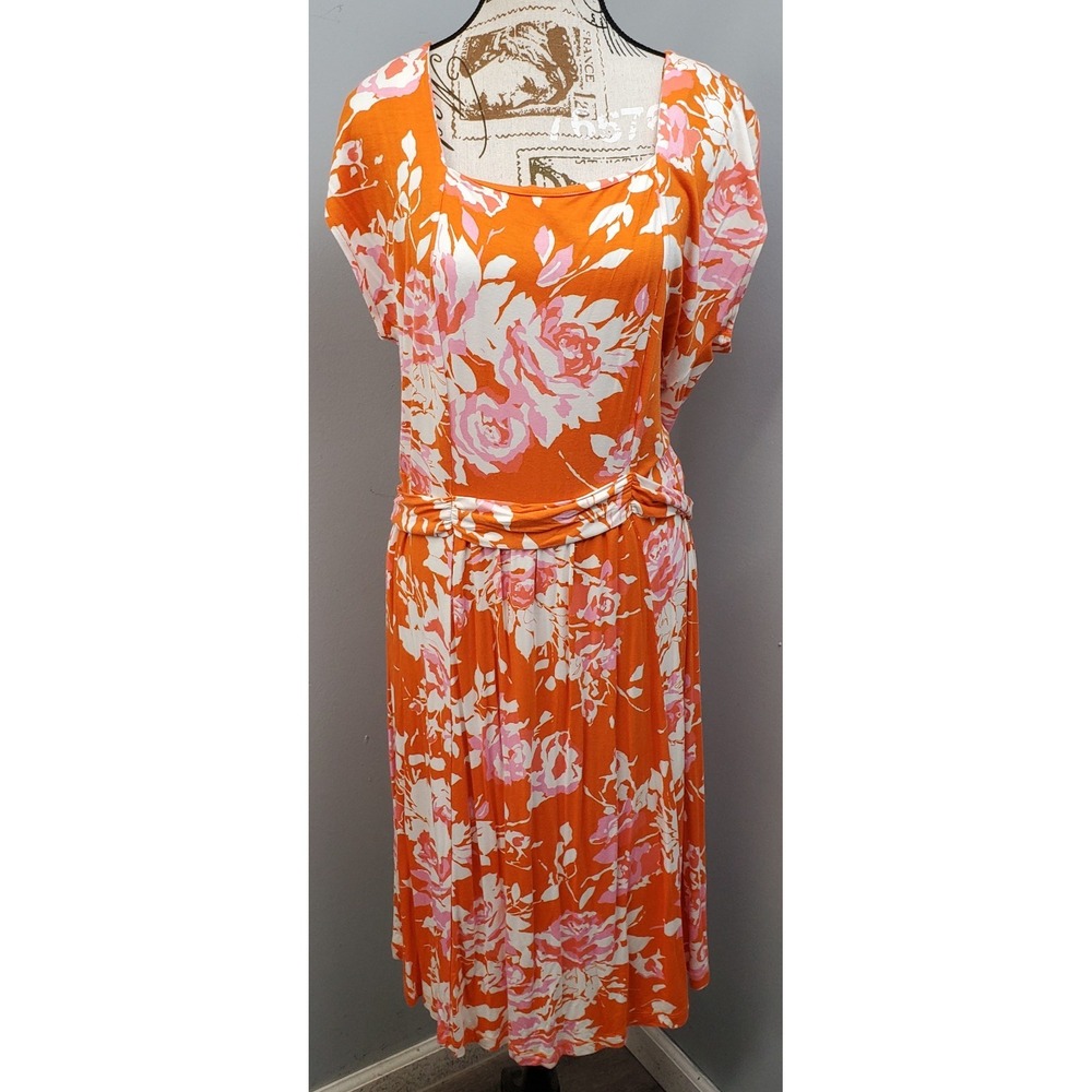 Lands' End Dress Womens 18 Multicolor Floral Cap Sleeve Square Neck Empire Waist